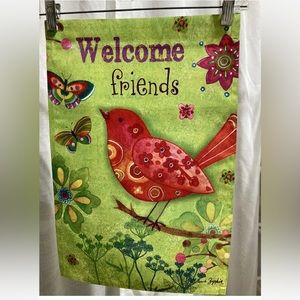 Small Green Garden Flag with Red Bird Butterflies 12x18 (PREOWNED)